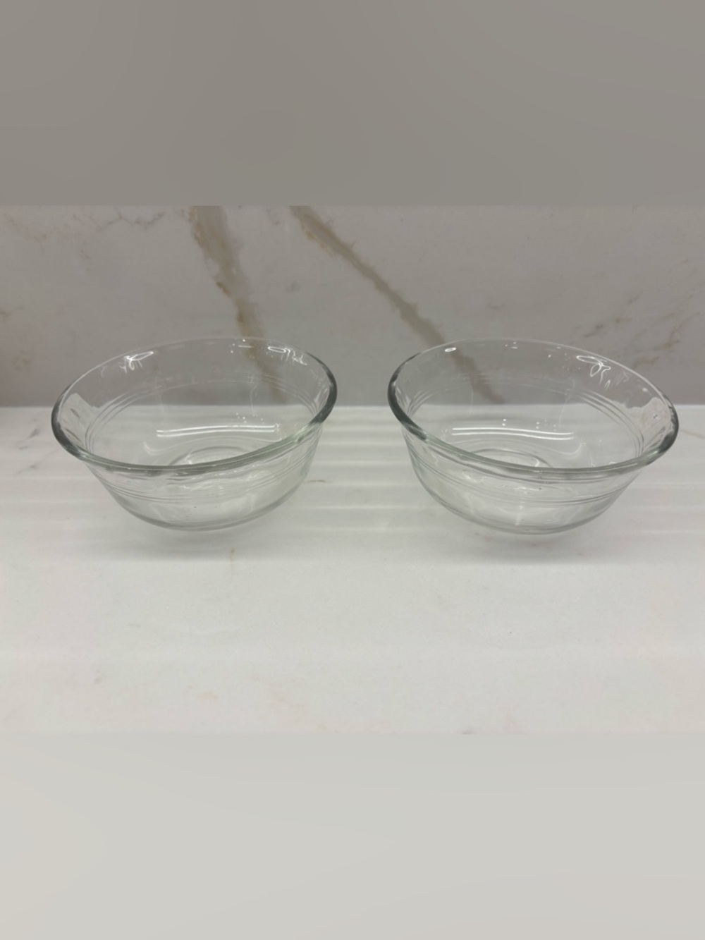 Vintage Pair of Scalloped 3 Rings Clear Glass Pyrex 464 Ramekin Custard Bowls